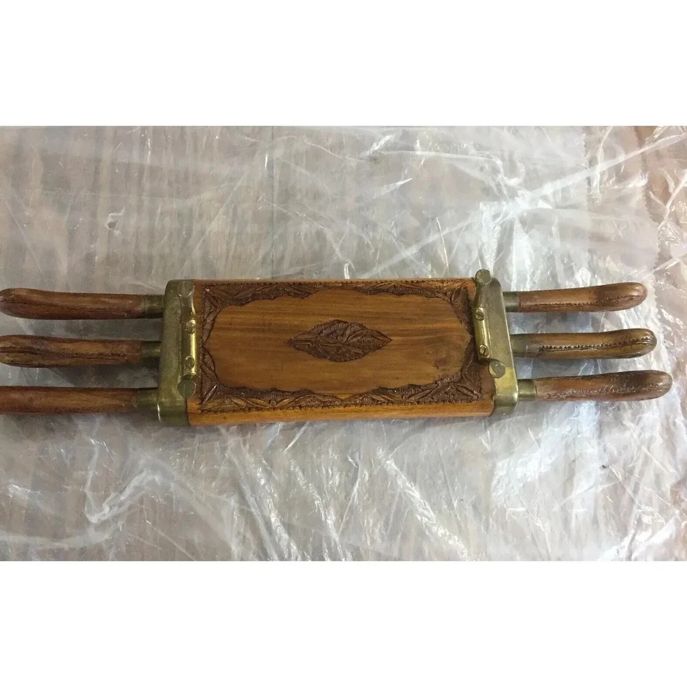 Vintage MCM Handcrafted Wooden Knife Set India 6pc Carved Handles Wood Box Folk